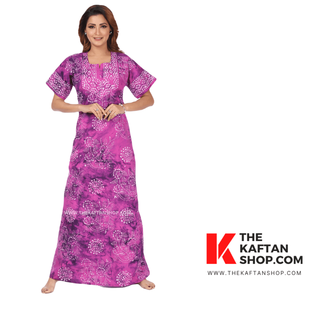 NG063 - Purple Block Design, Hand Dyed Batik, 100% Cotton Night Gown - thekaftanshop.com