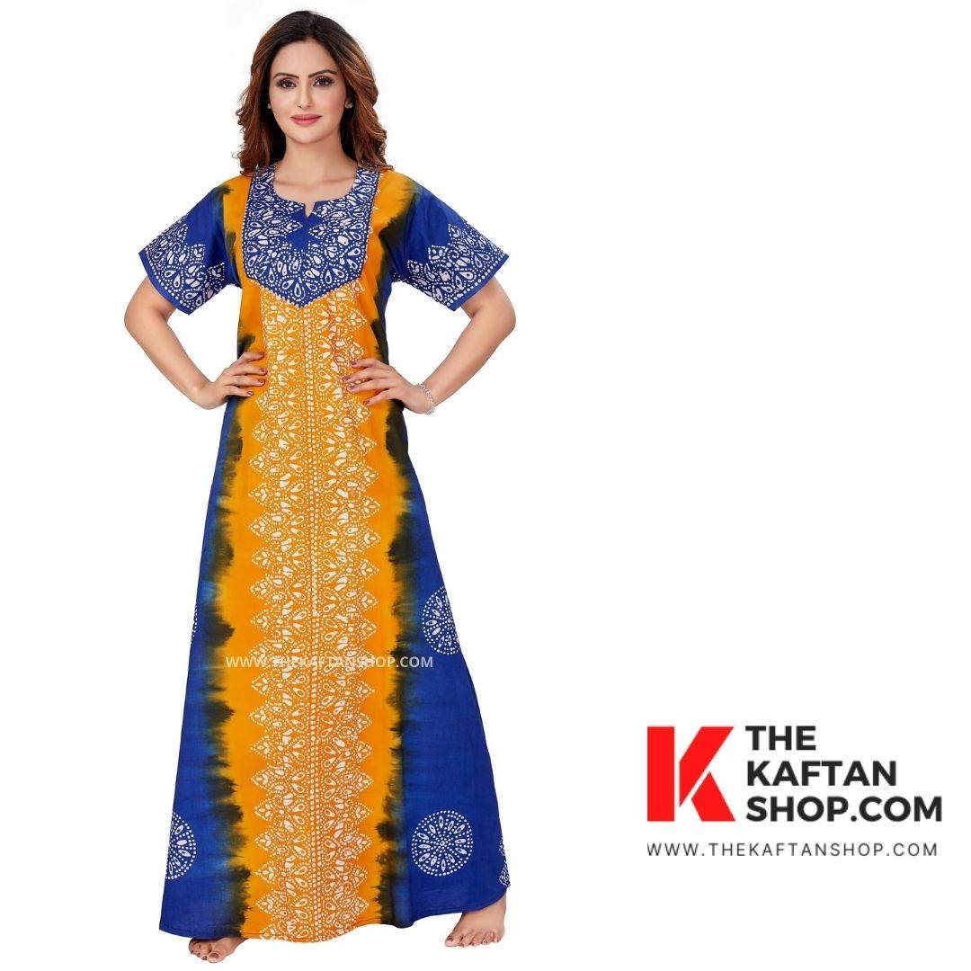 NG045 - Blue & Yellow Shaded, Hand Dyed Batik, 100% Cotton Night Gown - thekaftanshop.com