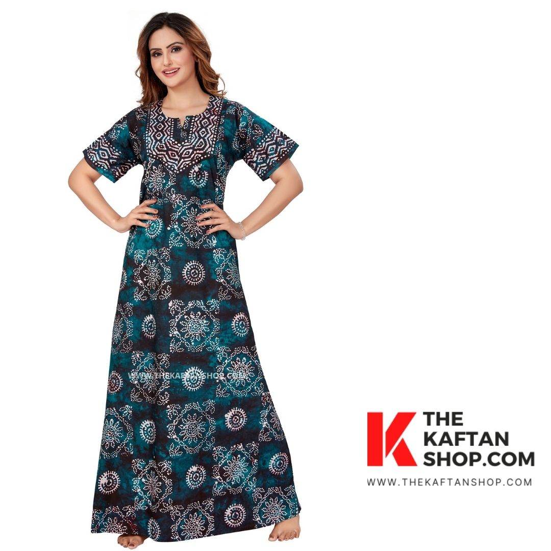 NG061 - Green Block Design, Hand Dyed Batik, 100% Cotton Night Gown - thekaftanshop.com