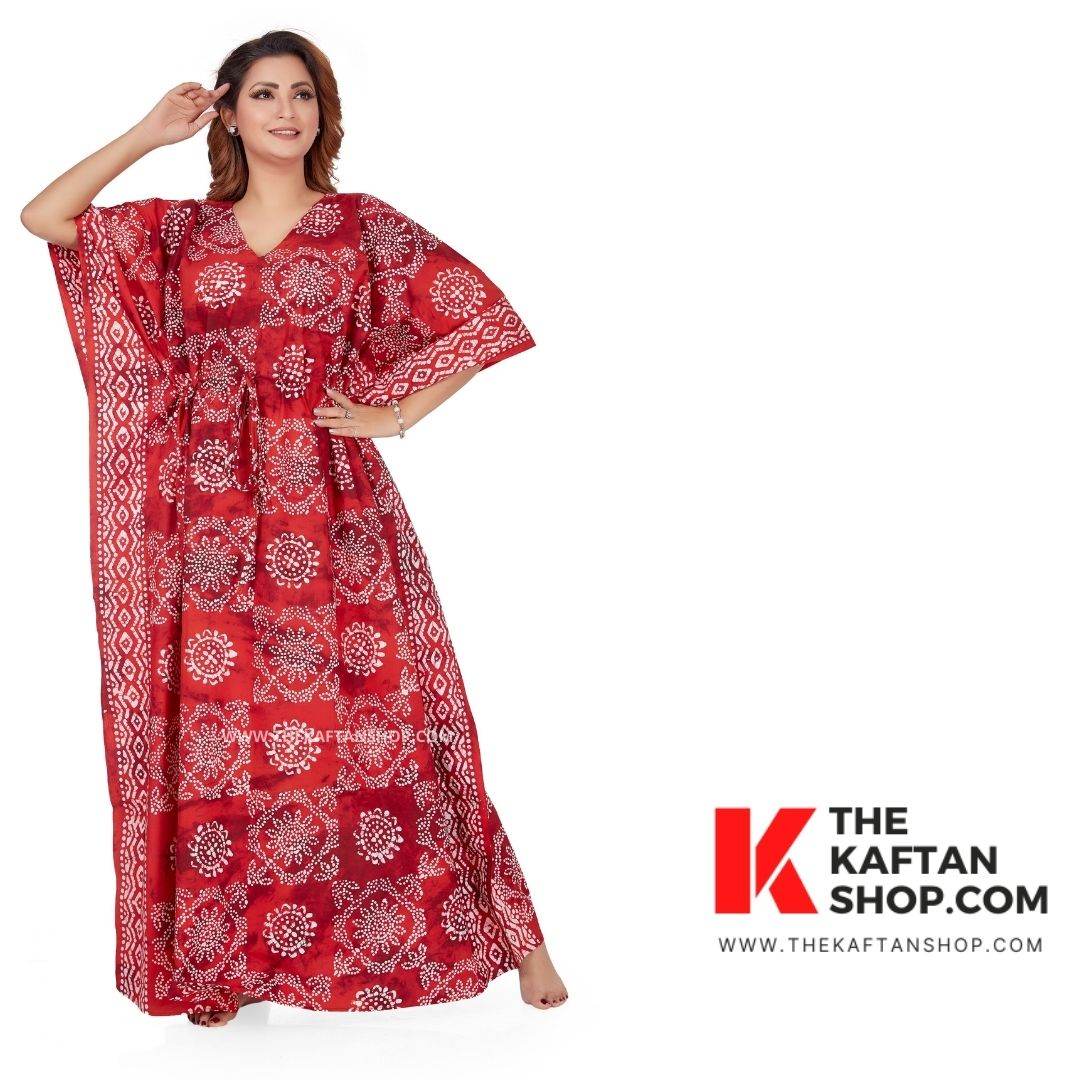 K060 - Red Orange Block Design, Hand Dyed Batik Tie-up, 100% Cotton Kaftan - thekaftanshop.com