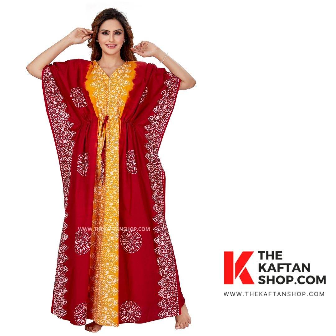 K046 - Red & Yellow Shaded, Hand Dyed Batik, 100% Cotton Kaftan - thekaftanshop.com