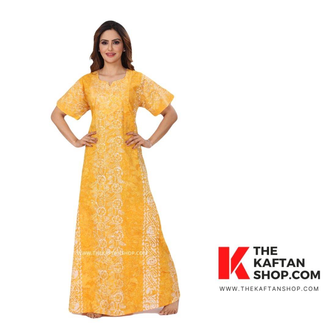 NG032 - Pastel Yellow, Hand Dyed Batik, 100% Cotton Night Gown - thekaftanshop.com