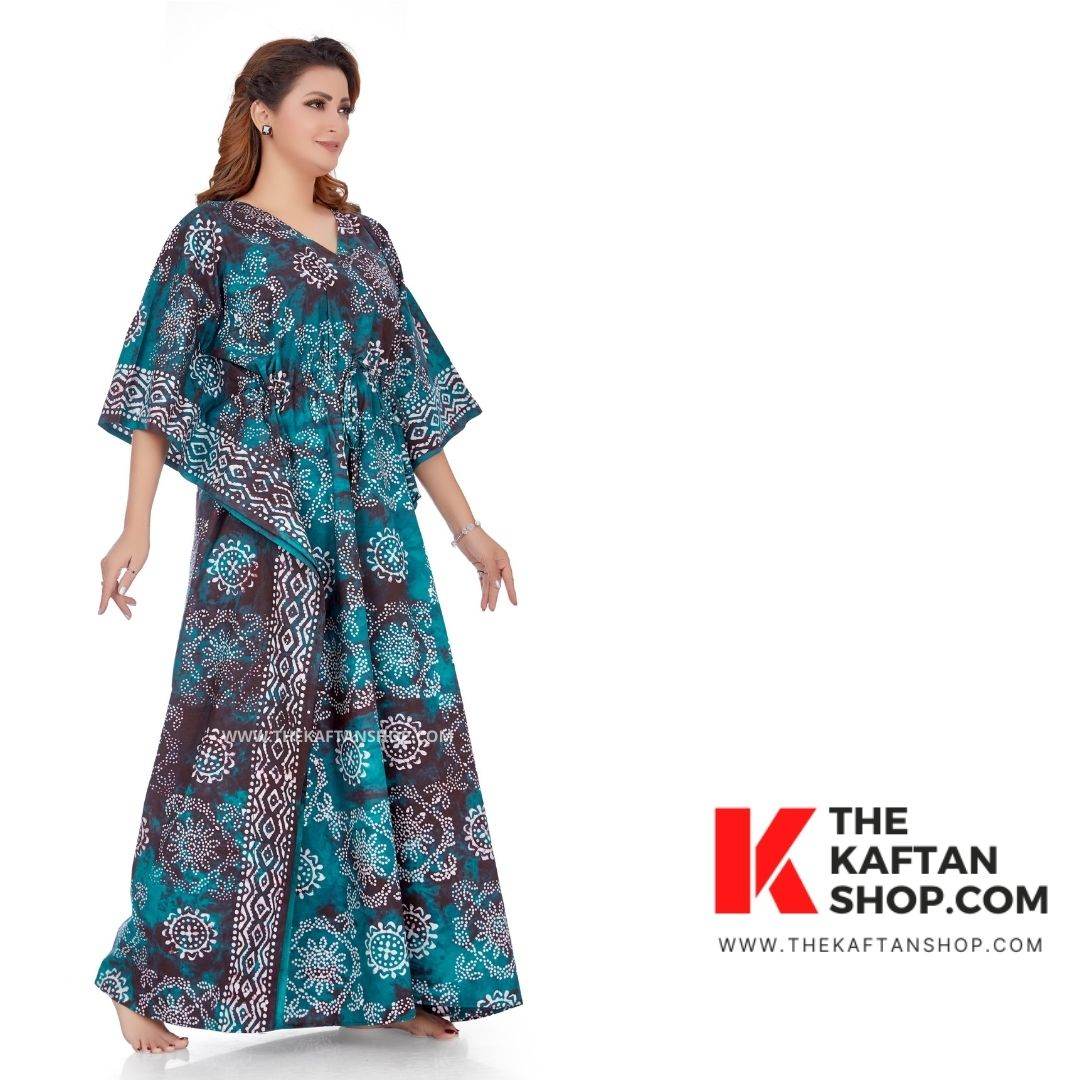 K061 - Green Block Design, Hand Dyed Batik Tie-up, 100% Cotton Kaftan - thekaftanshop.com