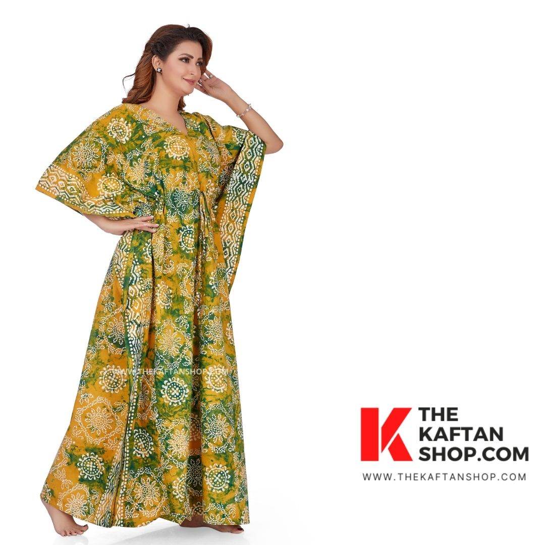 K064 - Green & Yellow Block Design, Hand Dyed Batik Tie-up, 100% Cotton Kaftan - thekaftanshop.com