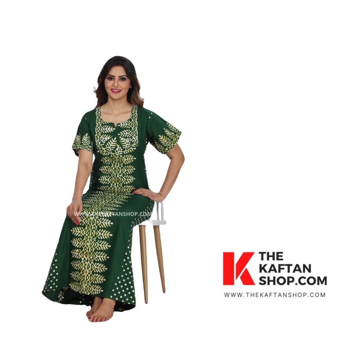 NG006 - Green Dotted, Hand Dyed Batik, 100% Cotton Night Gown. - thekaftanshop.com