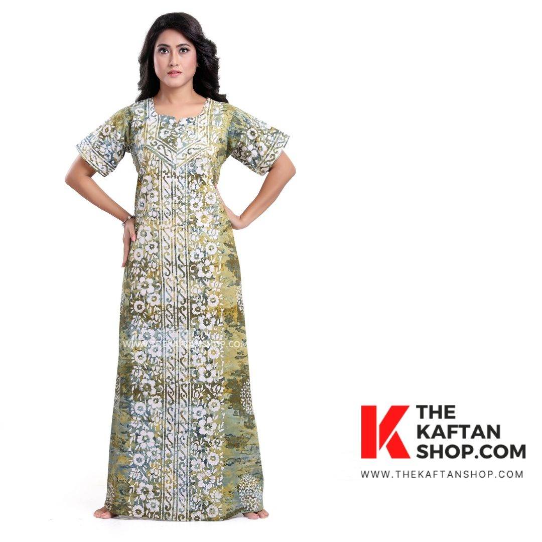 NG071 - Leaf Green, Hand Dyed Batik, 100% Cotton Night Gown. - thekaftanshop.com