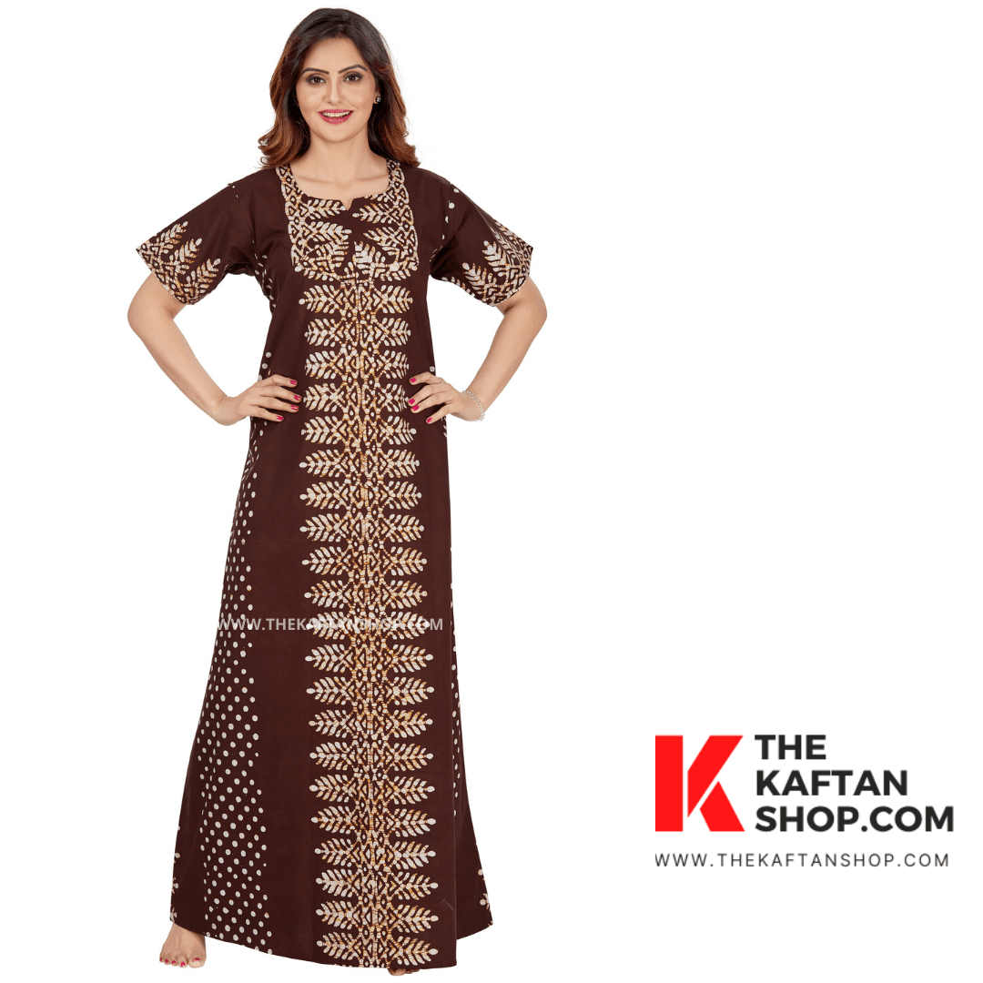 NG005 - Brown Dotted, Hand Dyed Batik, 100% Cotton Night Gown. - thekaftanshop.com