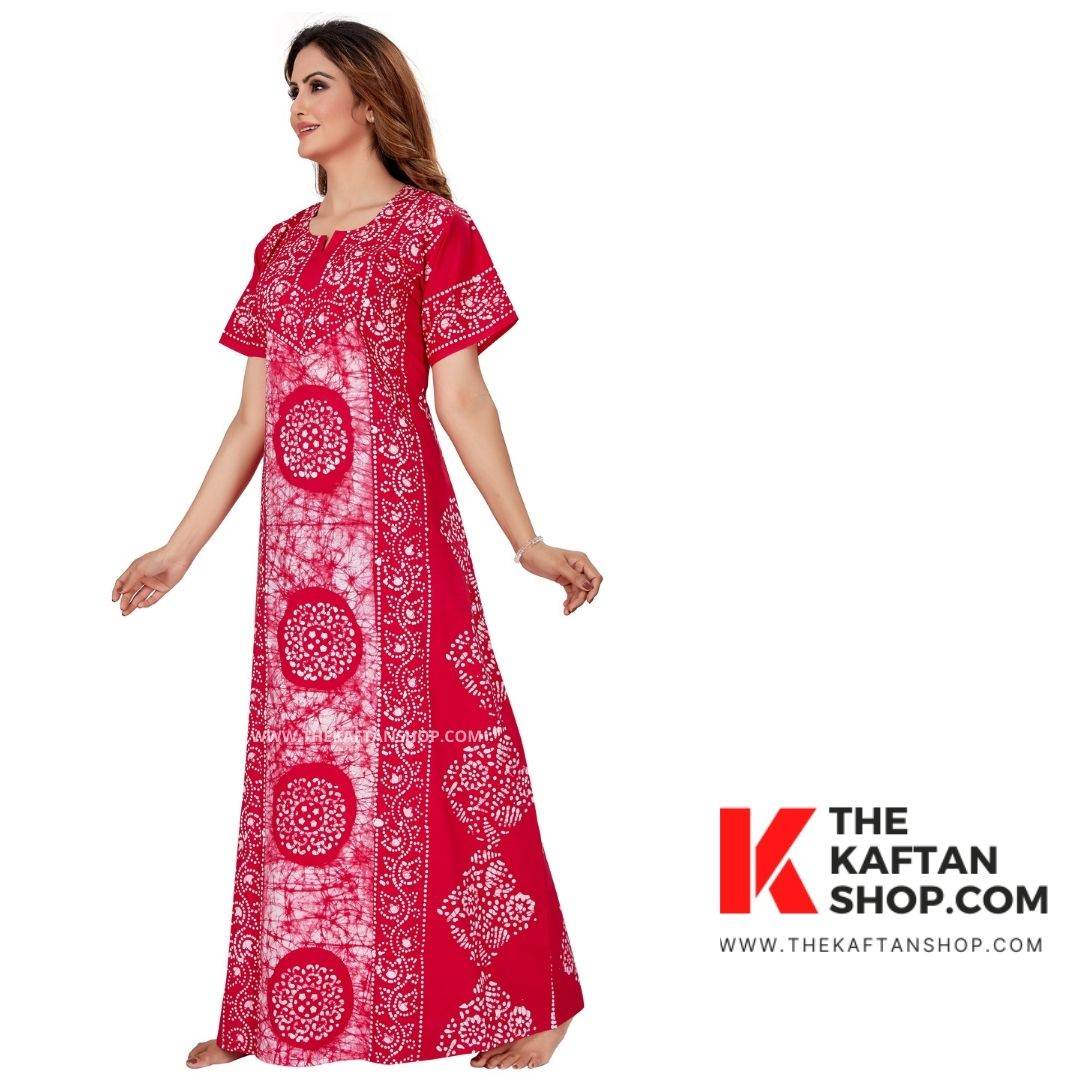 NG024 - Pink White Circles, Hand Dyed Batik, 100% Cotton Night Gown - thekaftanshop.com
