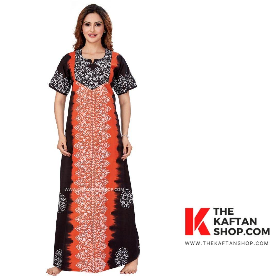 NG044 - Orange & Black Shaded, Hand Dyed Batik, 100% Cotton Night Gown - thekaftanshop.com
