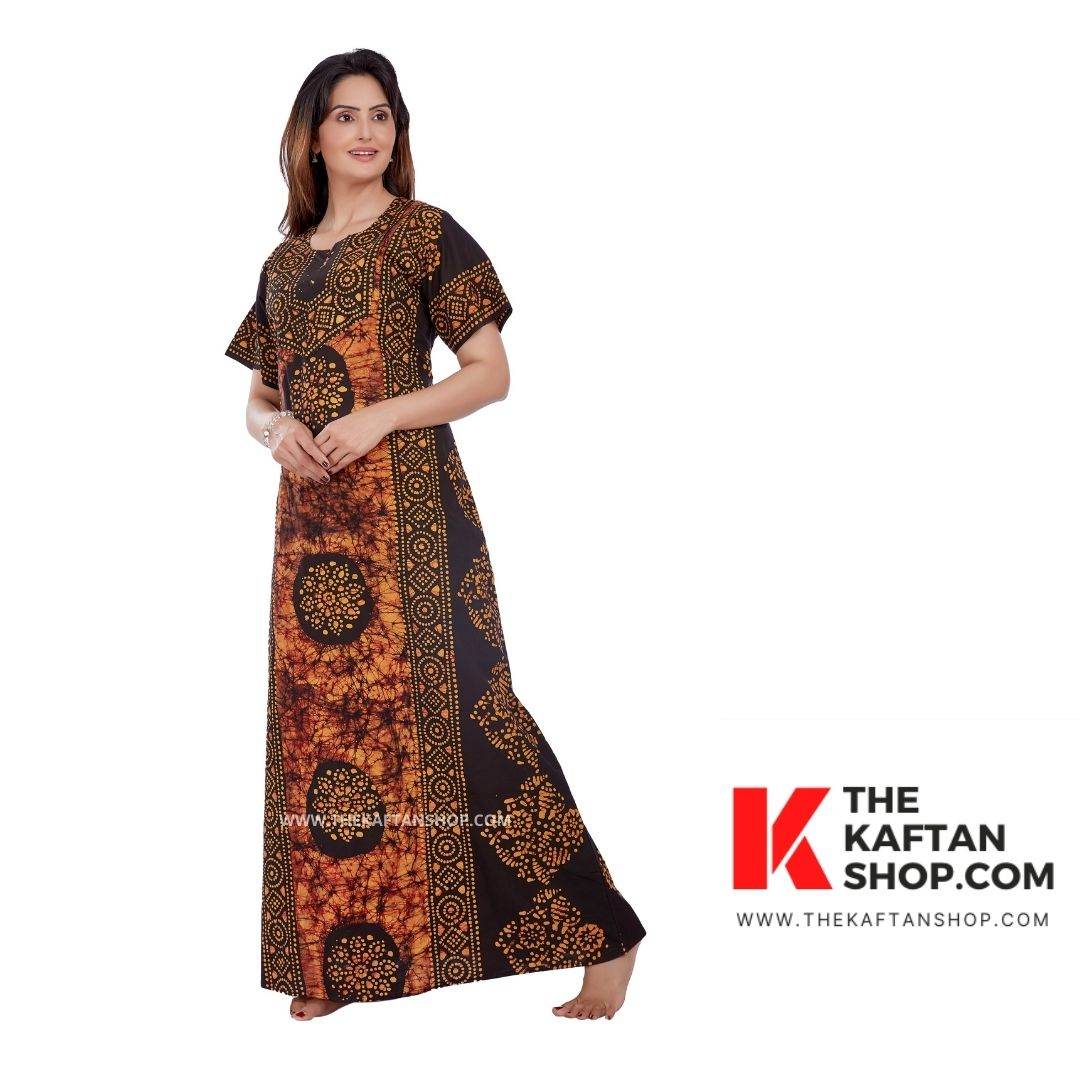 NG022 - Brown Black Circles, Hand Dyed Batik, 100% Cotton Night Gown - thekaftanshop.com
