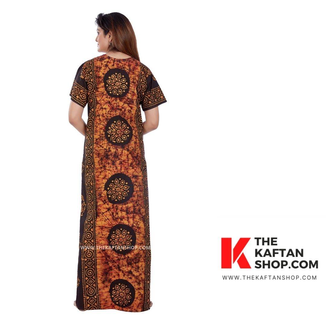 NG022 - Brown Black Circles, Hand Dyed Batik, 100% Cotton Night Gown - thekaftanshop.com