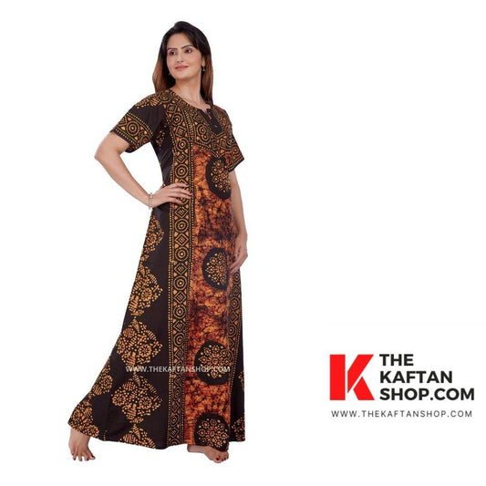 NG022 - Brown Black Circles, Hand Dyed Batik, 100% Cotton Night Gown - thekaftanshop.com
