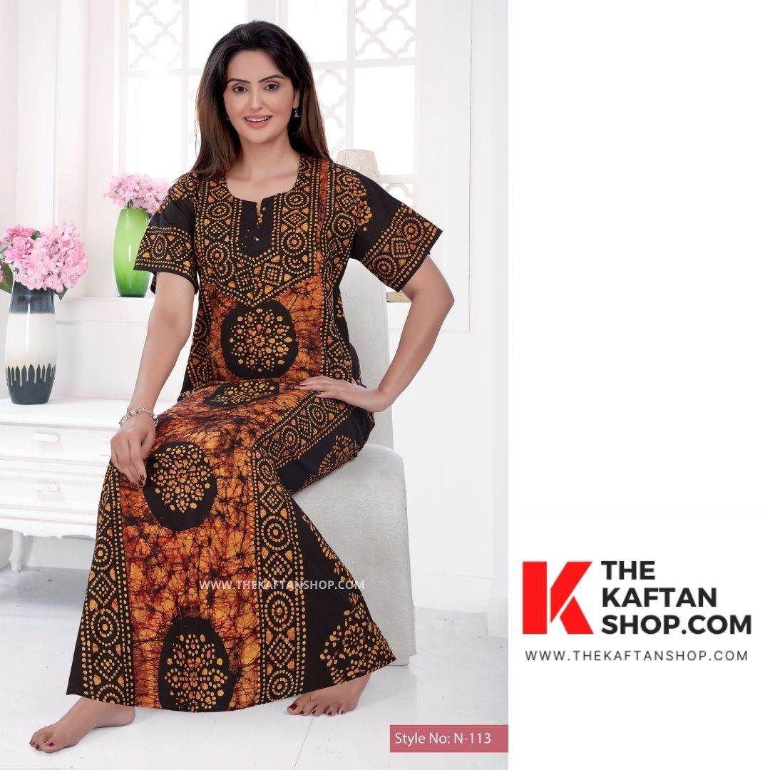 NG022 - Brown Black Circles, Hand Dyed Batik, 100% Cotton Night Gown - thekaftanshop.com