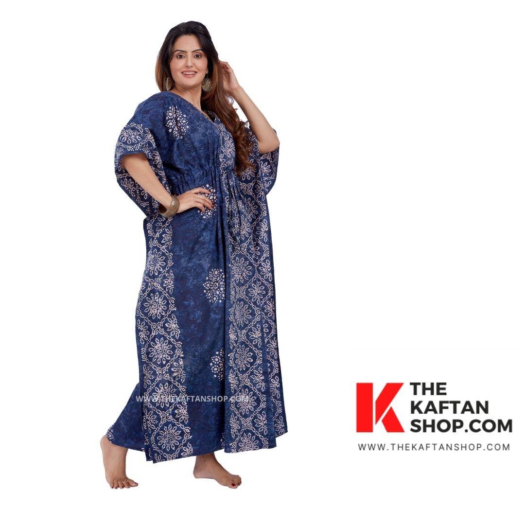K036 - Blue flowers, Hand Dyed Batik, 100% Cotton Kaftan - thekaftanshop.com