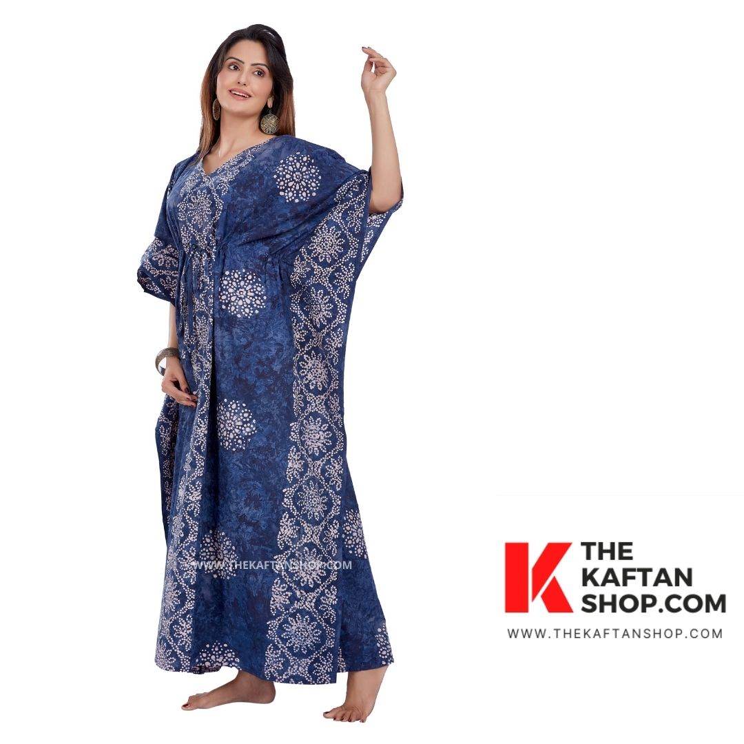 K036 - Blue flowers, Hand Dyed Batik, 100% Cotton Kaftan - thekaftanshop.com