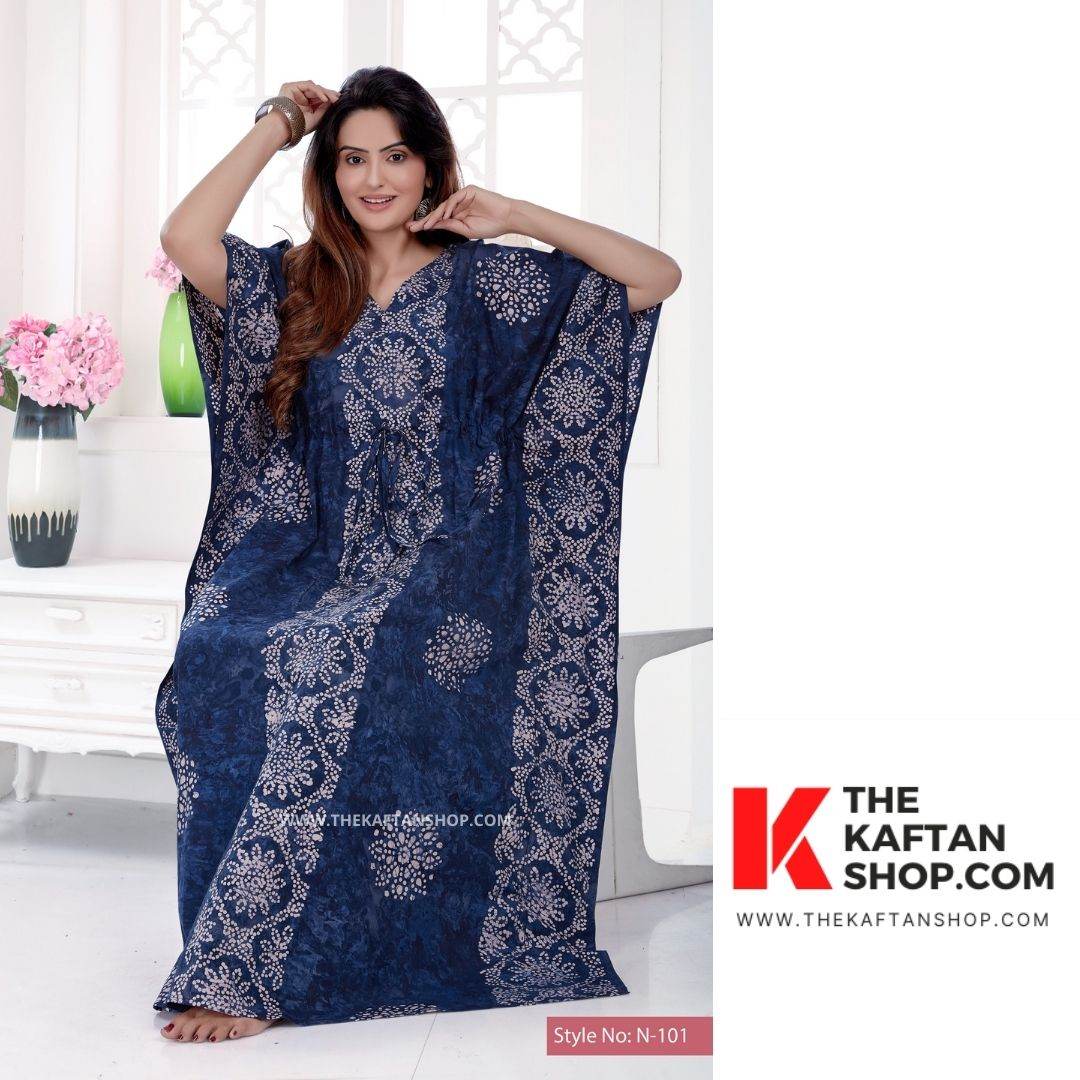 K036 - Blue flowers, Hand Dyed Batik, 100% Cotton Kaftan - thekaftanshop.com