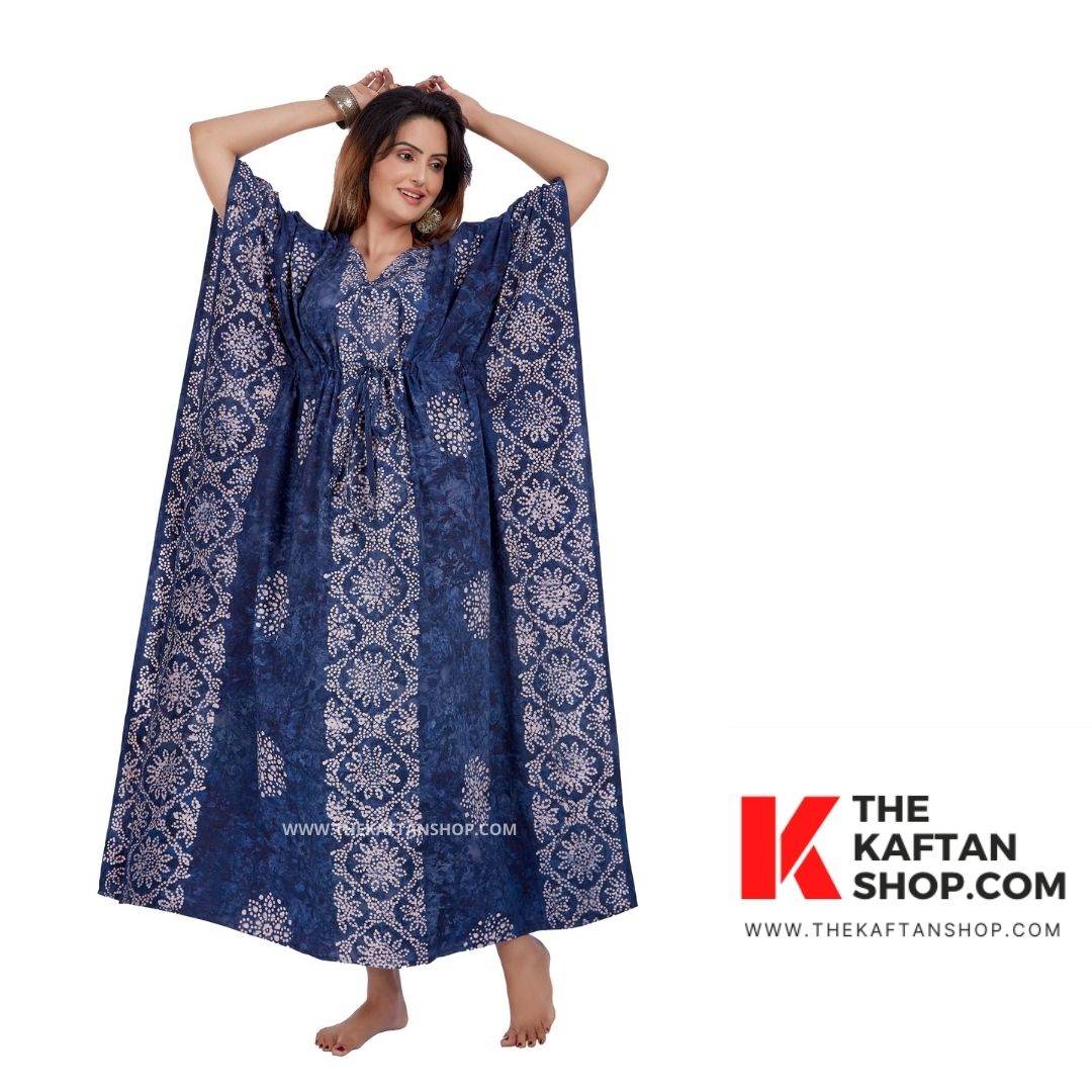 K036 - Blue flowers, Hand Dyed Batik, 100% Cotton Kaftan - thekaftanshop.com