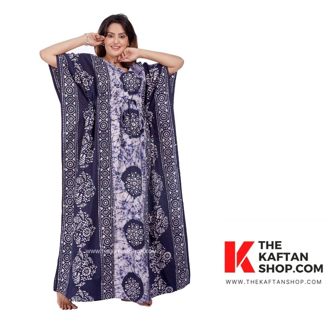 K023 - Blue White Circles, Hand Dyed Batik, 100% Cotton Kaftan - thekaftanshop.com