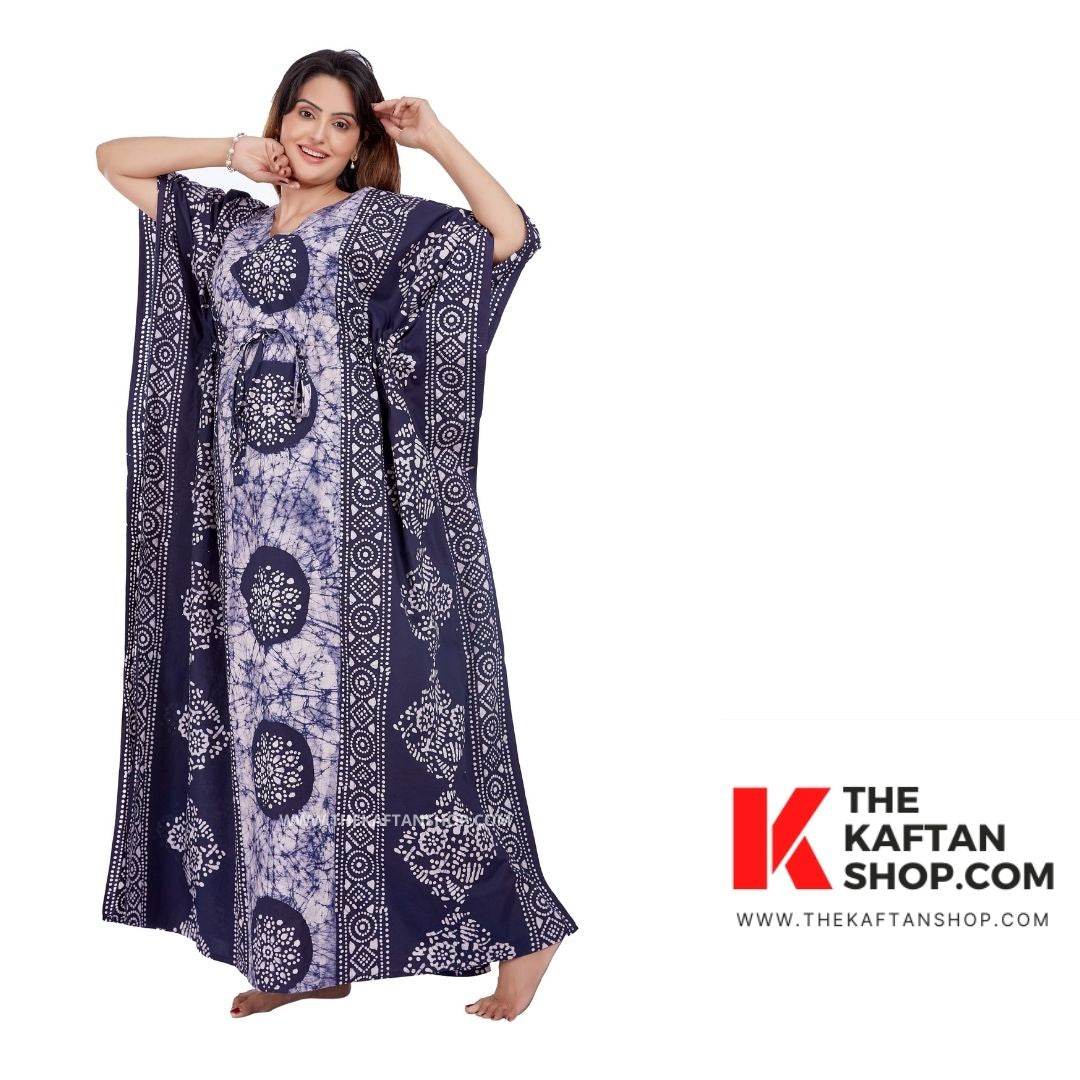 K023 - Blue White Circles, Hand Dyed Batik, 100% Cotton Kaftan - thekaftanshop.com