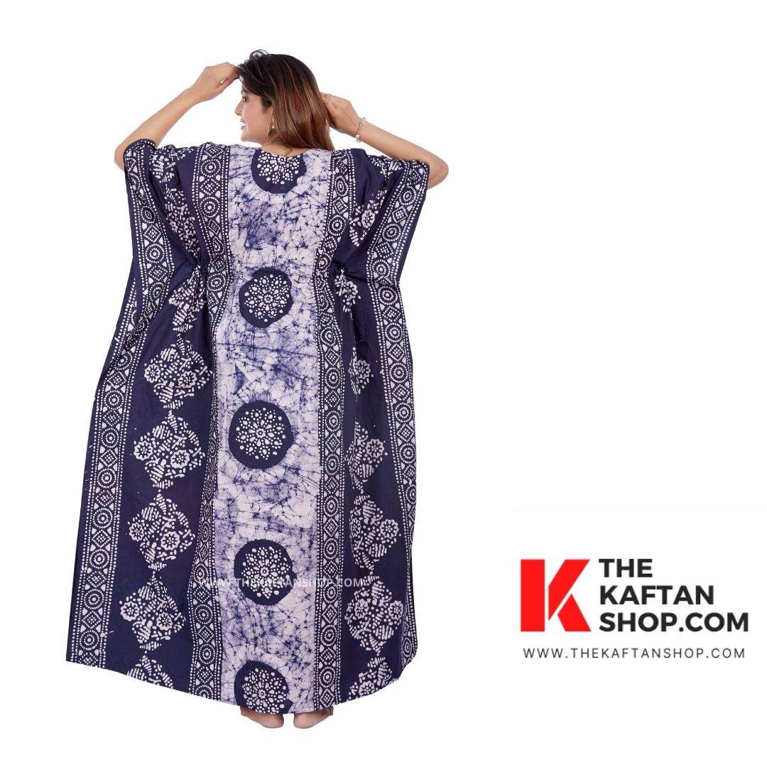 K023 - Blue White Circles, Hand Dyed Batik, 100% Cotton Kaftan - thekaftanshop.com