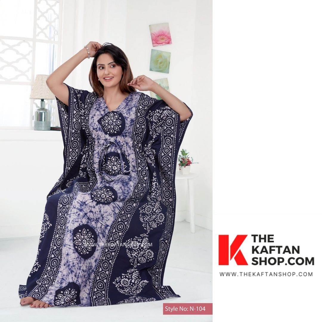 K023 - Blue White Circles, Hand Dyed Batik, 100% Cotton Kaftan - thekaftanshop.com
