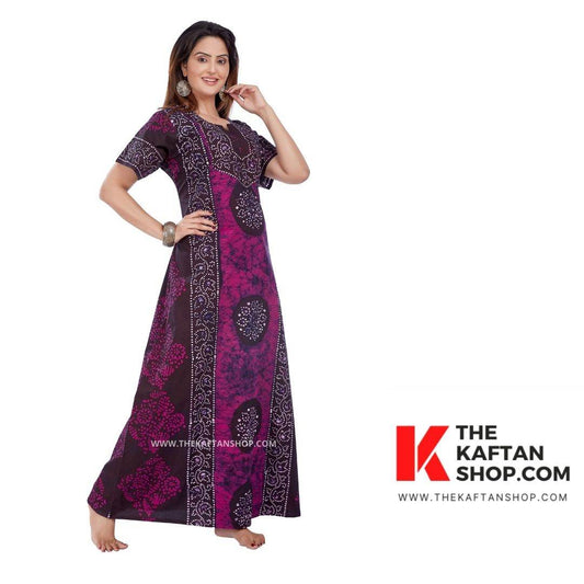 NG020 - Pink Black Circles, Hand Dyed Batik, 100% Cotton Night Gown - thekaftanshop.com