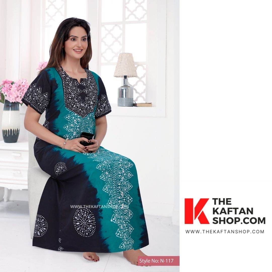 NG040 - Green & Black Shaded, Hand Dyed Batik, 100% Cotton Night Gown - thekaftanshop.com