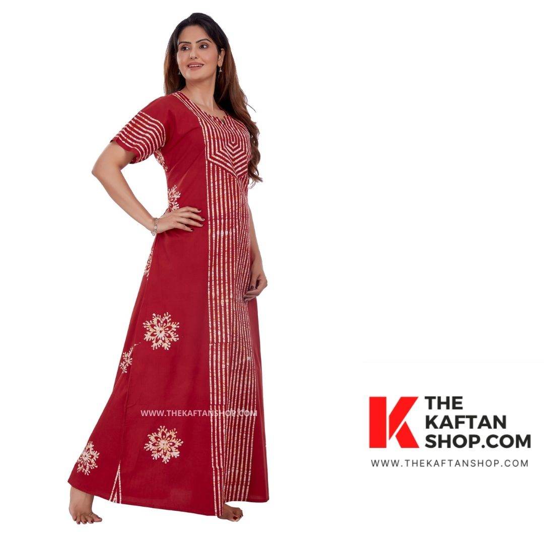 NG010 - Chilly Red, Hand Dyed Batik, 100% Cotton Night Gown - thekaftanshop.com