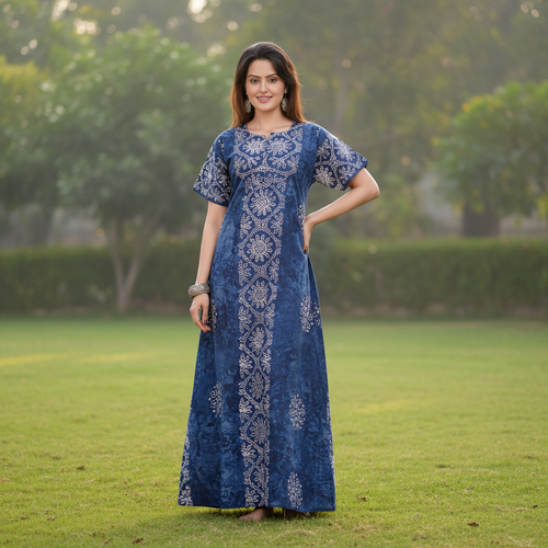 Blue Flowers, Hand Dyed Batik, 100% Cotton Night Gown - NG036