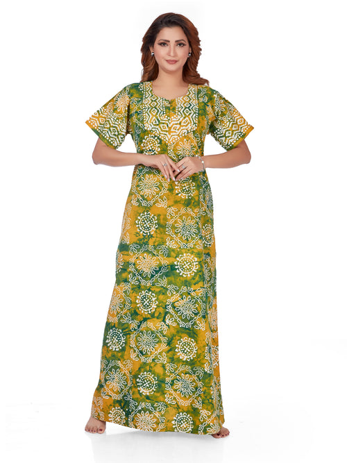 Green & Yellow Block Design, Hand Dyed Batik, 100% Cotton Night Gown - NG064
