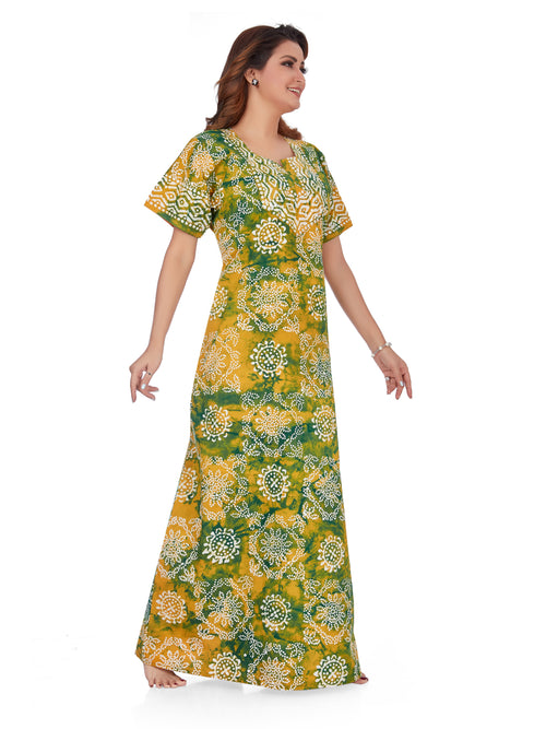 Green & Yellow Block Design, Hand Dyed Batik, 100% Cotton Night Gown - NG064