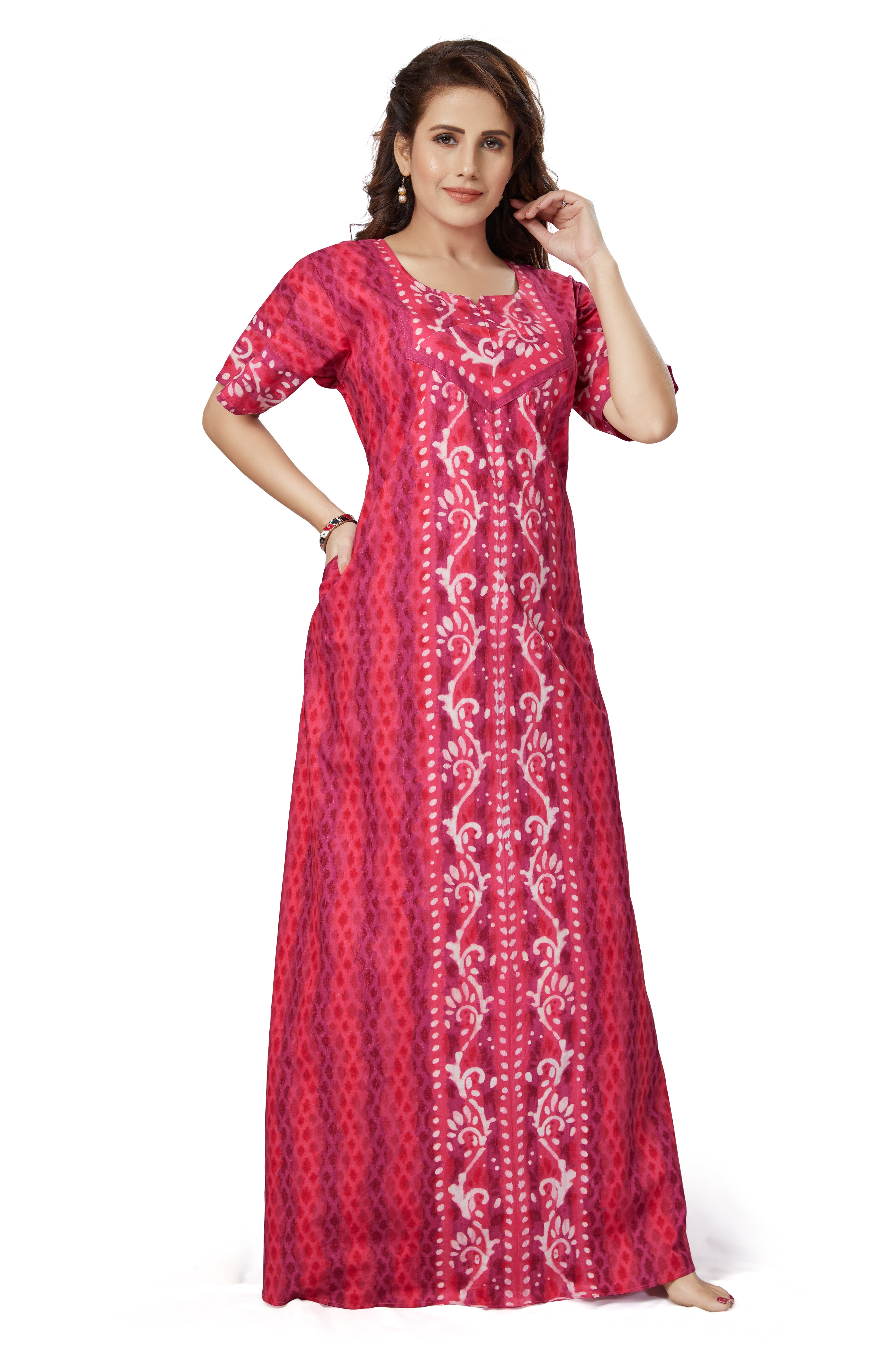 NG140 Pink Leaf Design Hand Dyed Batik 100 Cotton Night Gown thekaftanshop