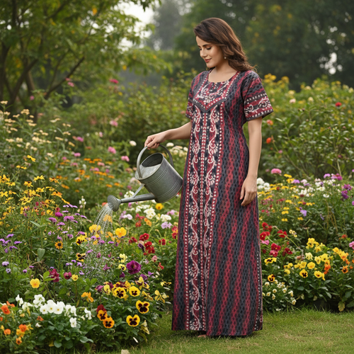 Brown Leaf Design, Hand Dyed Batik, 100% Cotton Night Gown - NG141