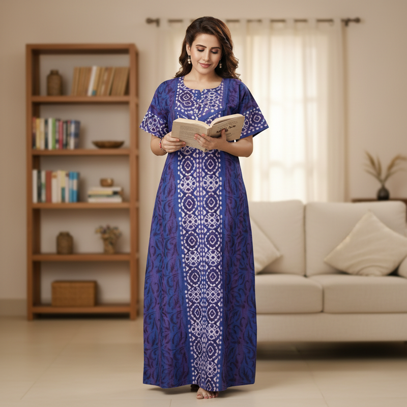 Blue Oval Design, Hand Dyed Batik, 100% Cotton Night Gown - NG152