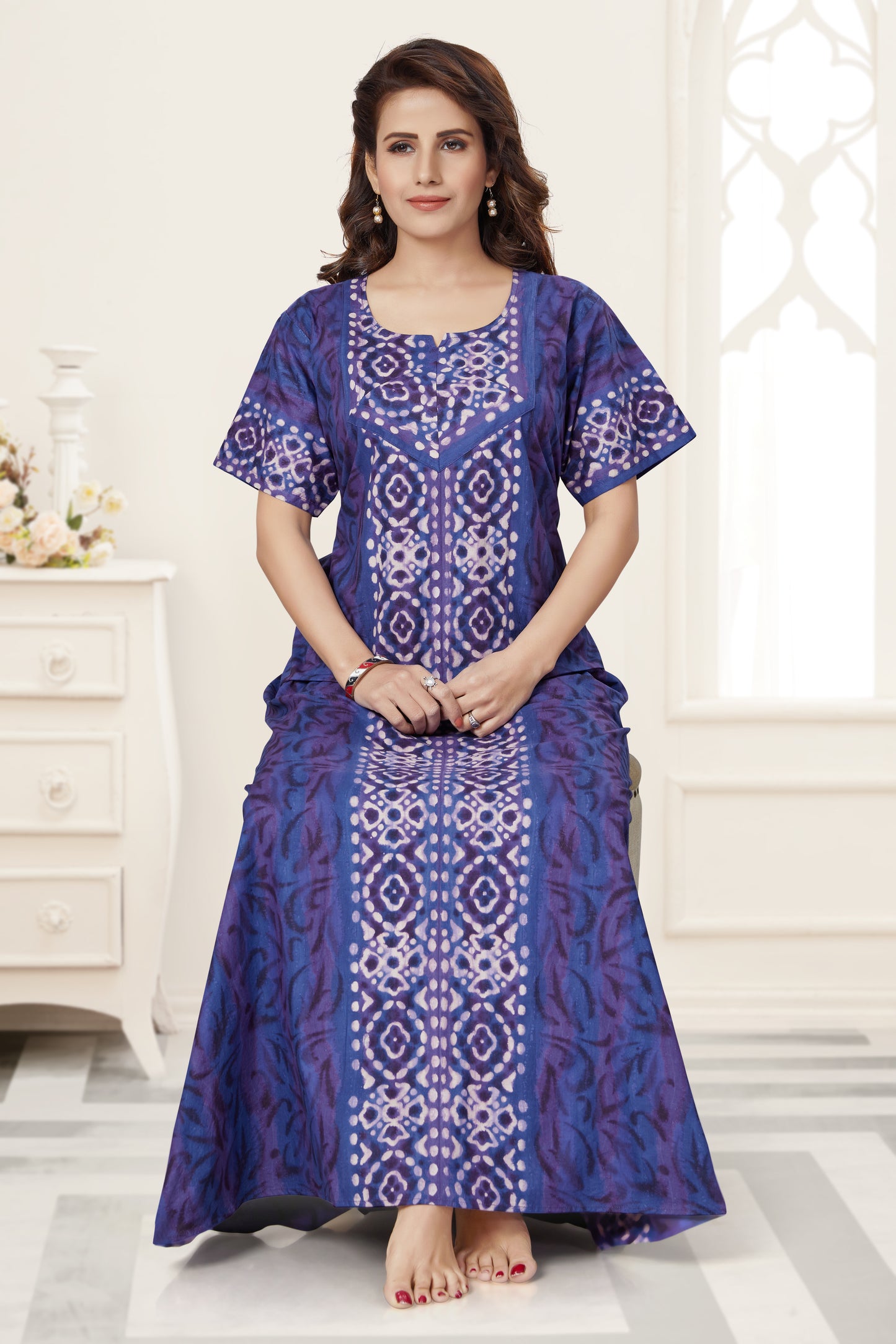 NG152 - Blue Oval Design, Hand Dyed Batik, 100% Cotton Night Gown