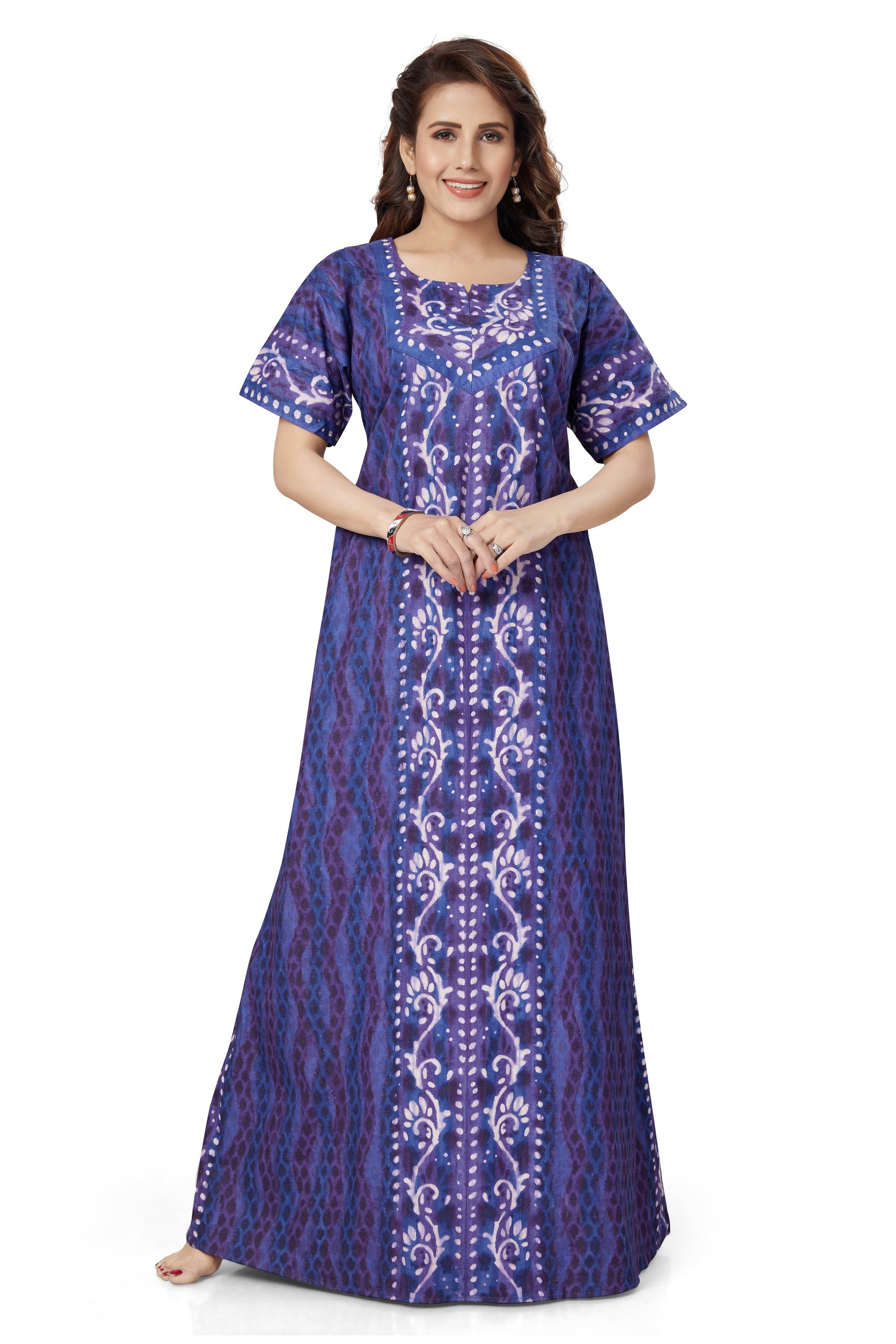 NG142 - Blue Leaf Design, Hand Dyed Batik, 100% Cotton Night Gown thekaftanshop.com NG142 - Blue Leaf Design, Hand Dyed Batik, 100% Cotton Night Gown thekaftanshop.com