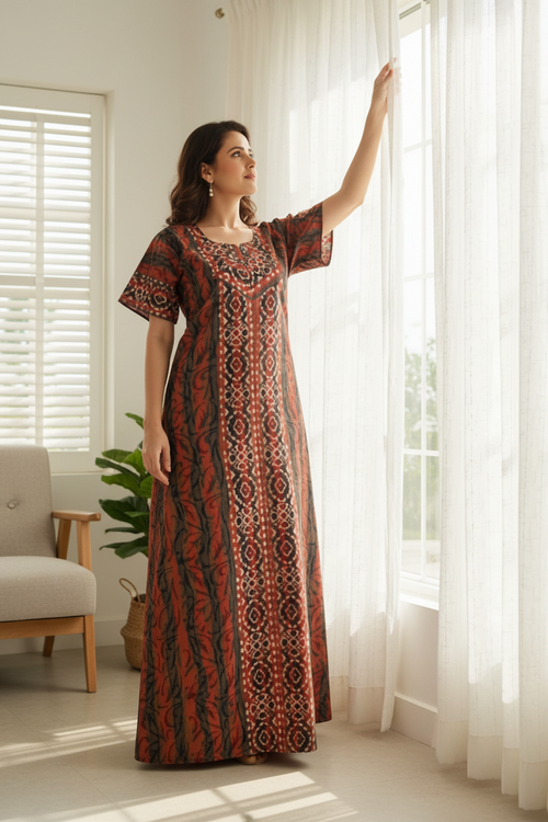 Brown Oval Design, Hand Dyed Batik, 100% Cotton Night Gown - NG151