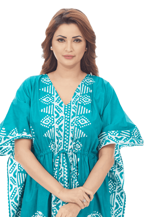 Green Triangle Border Design, Hand Dyed Batik, 100% Cotton Kaftan - K124