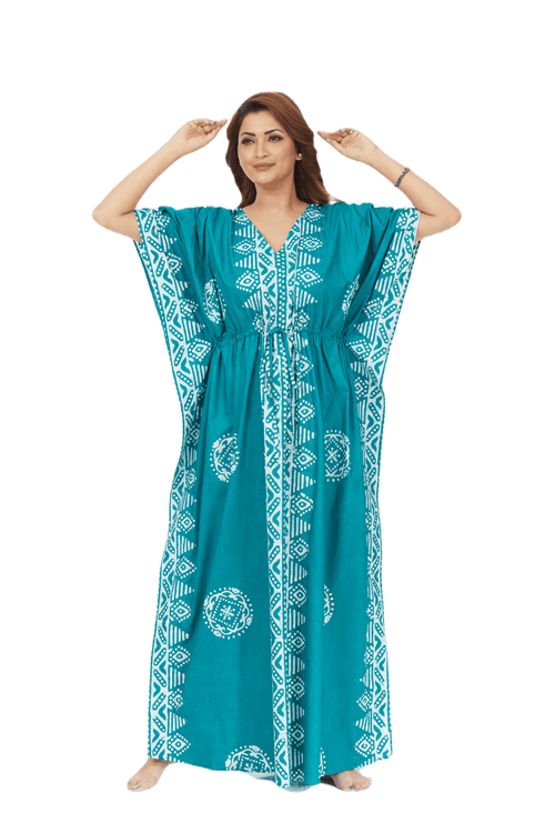 Green Triangle Border Design, Hand Dyed Batik, 100% Cotton Kaftan - K124