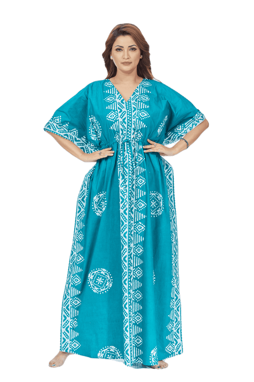 Green Triangle Border Design, Hand Dyed Batik, 100% Cotton Kaftan - K124