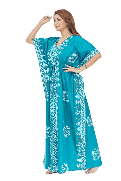 Green Triangle Border Design, Hand Dyed Batik, 100% Cotton Kaftan - K124