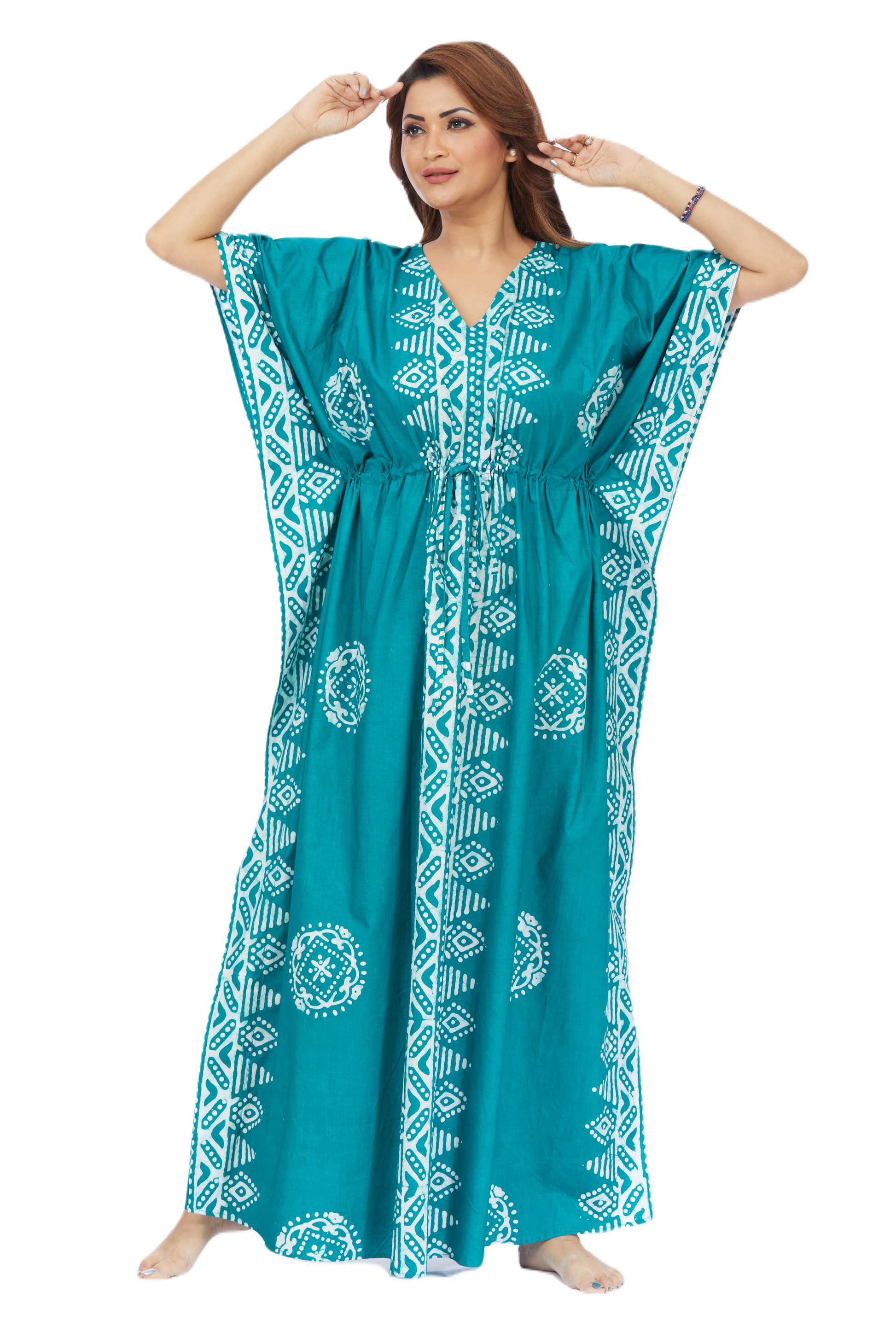 Green Triangle Border Design Hand Dyed Batik 100% Cotton Kaftan - The Kaftan Shop