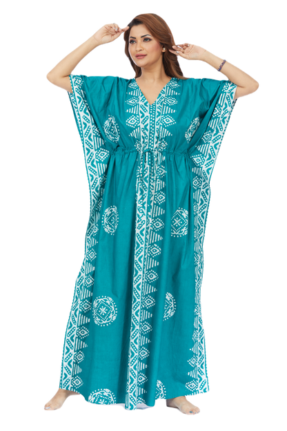 Green Triangle Border Design Hand Dyed Batik 100% Cotton Kaftan - The Kaftan Shop