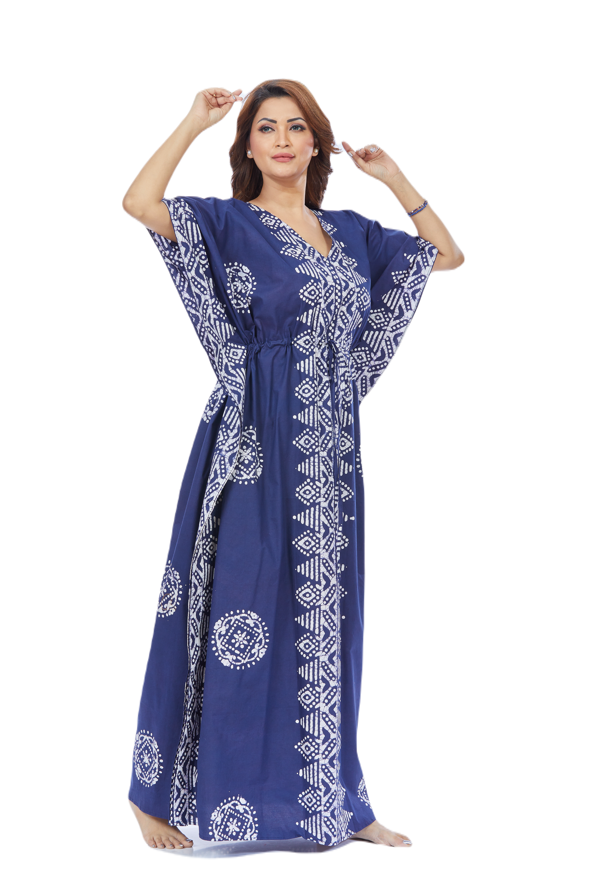 Blue Triangle Border Design Hand-Dyed Batik Cotton Kaftan - The Kaftan Shop