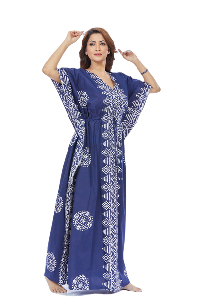 Blue Triangle Border Design Hand-Dyed Batik Cotton Kaftan - The Kaftan Shop