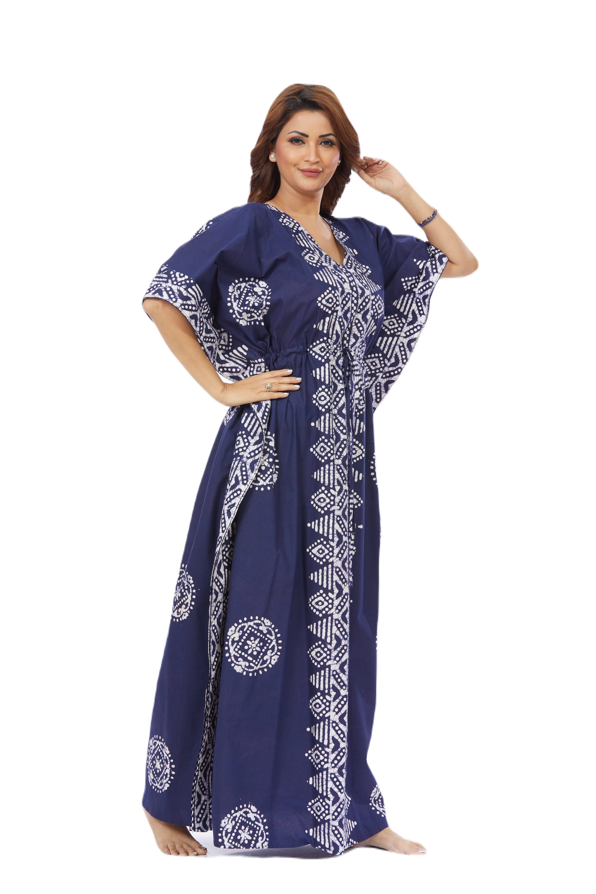 Hand-Dyed Blue Triangle Border Design Cotton Kaftan - The Kaftan Shop