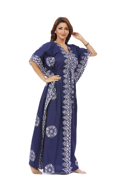 Hand-Dyed Blue Triangle Border Design Cotton Kaftan - The Kaftan Shop