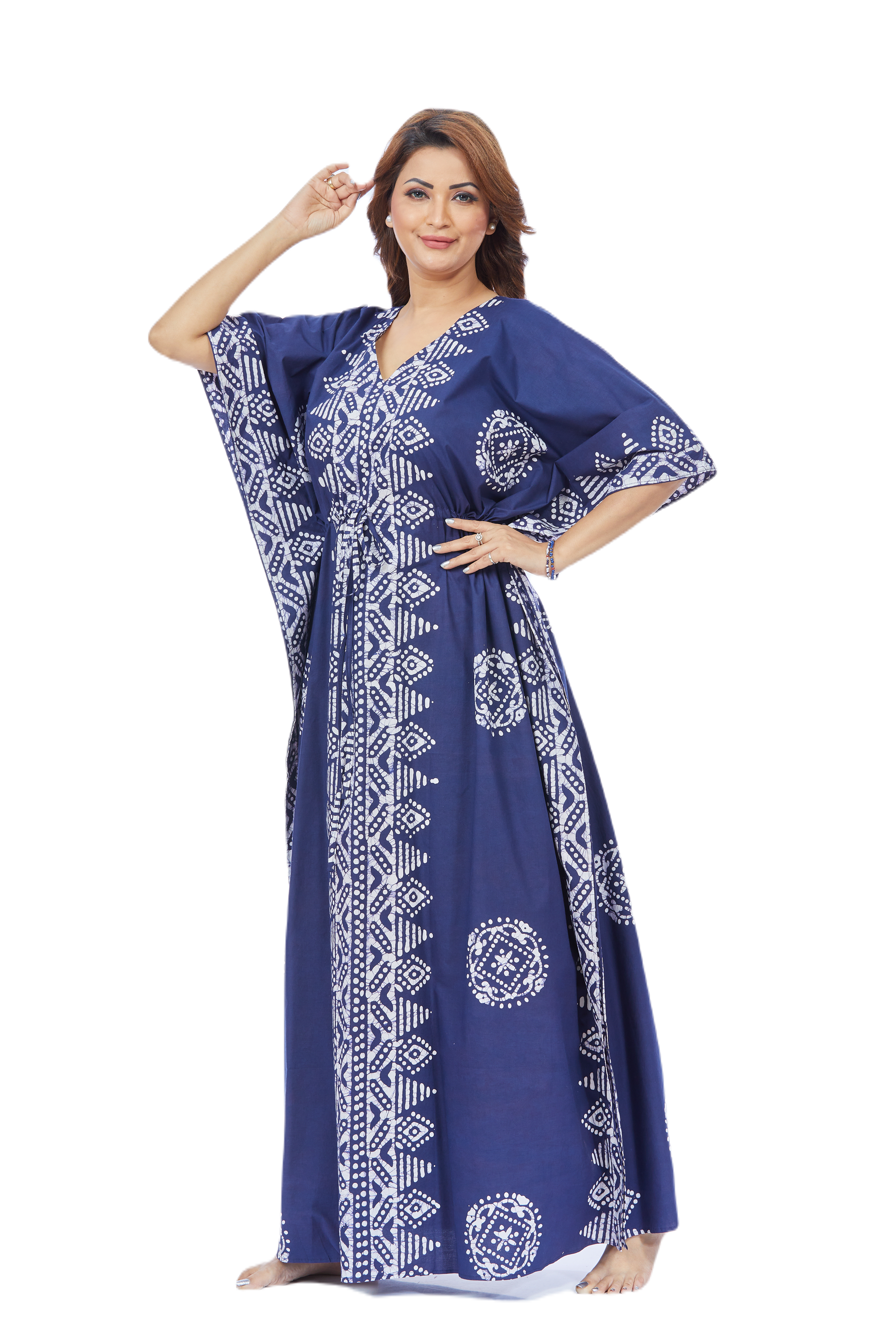 Blue Triangle Border Design Hand-Dyed Batik 100% Cotton Kaftan