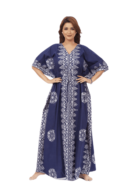 Blue Triangle Border Design, Hand Dyed Batik, 100% Cotton Kaftan - K120