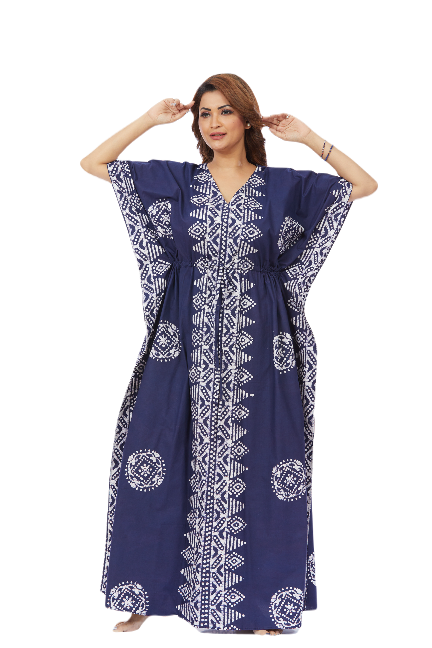 Blue Triangle Border Design Hand-Dyed Batik Cotton Kaftan | The Kaftan Shop